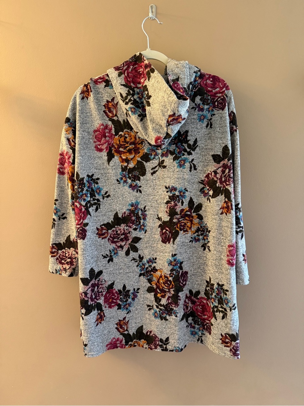 Open-Front Floral Hooded Cardigan Sweater - Gray with Pink & Gold Flowers